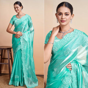 Rama Green Sequins Embroidered Organza Saree