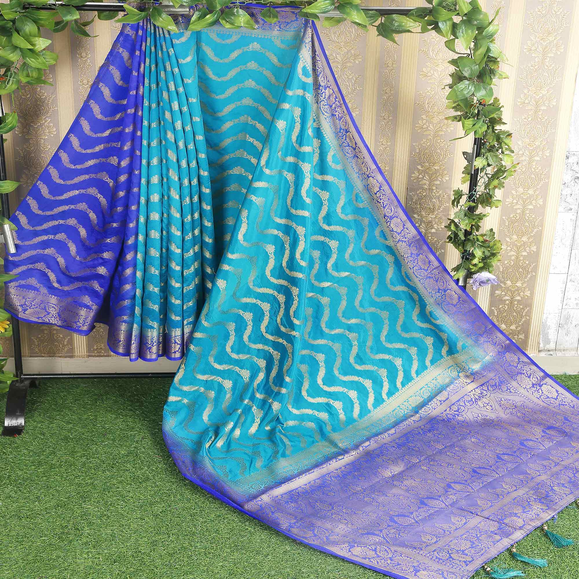 Blue Floral Woven Banarasi Silk Saree