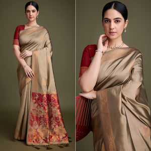 Chikoo Floral Woven Banarasi Silk Saree