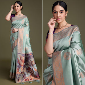 Sea Green Floral Woven Banarasi Silk Saree