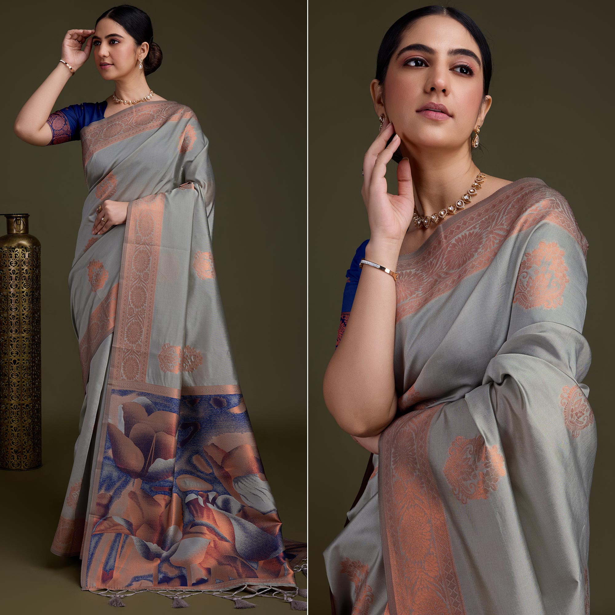 Grey Floral Woven Banarasi Silk Saree