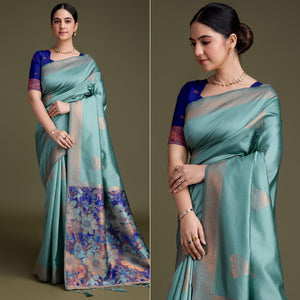 Turquoise Floral Woven Banarasi Silk Saree