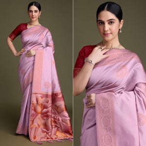 Pink Floral Woven Banarasi Silk Saree
