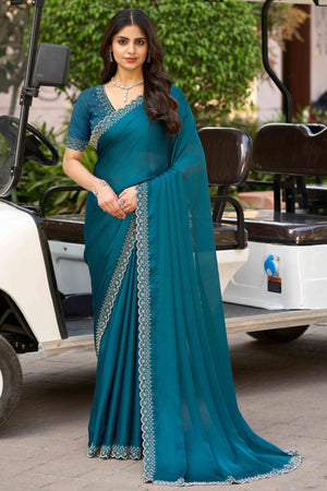 Rama Blue Solid Satin Chiffon Saree With Cutdana & Zarkan Handwork