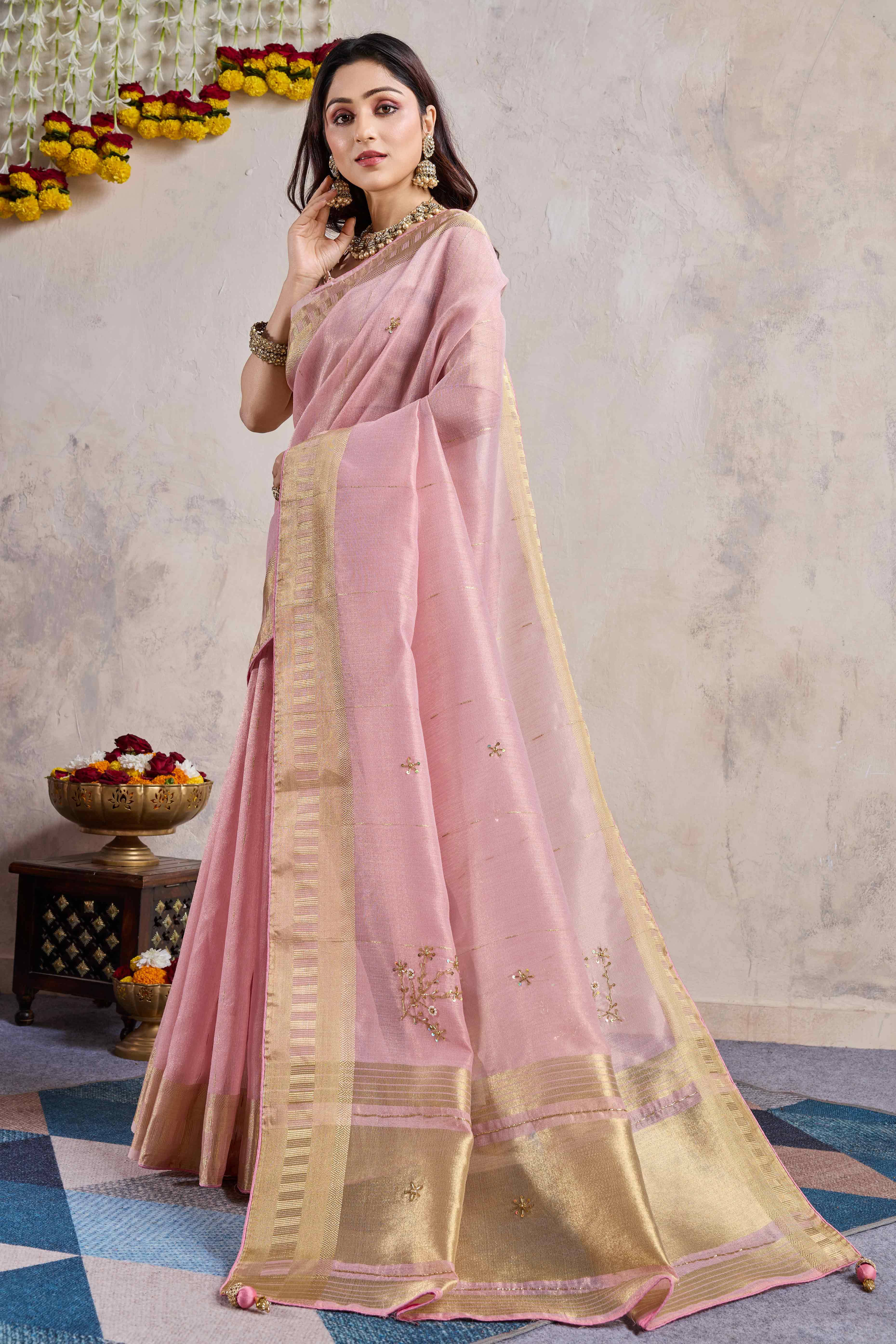 Pink Beads Work Woven Linen Slub Saree