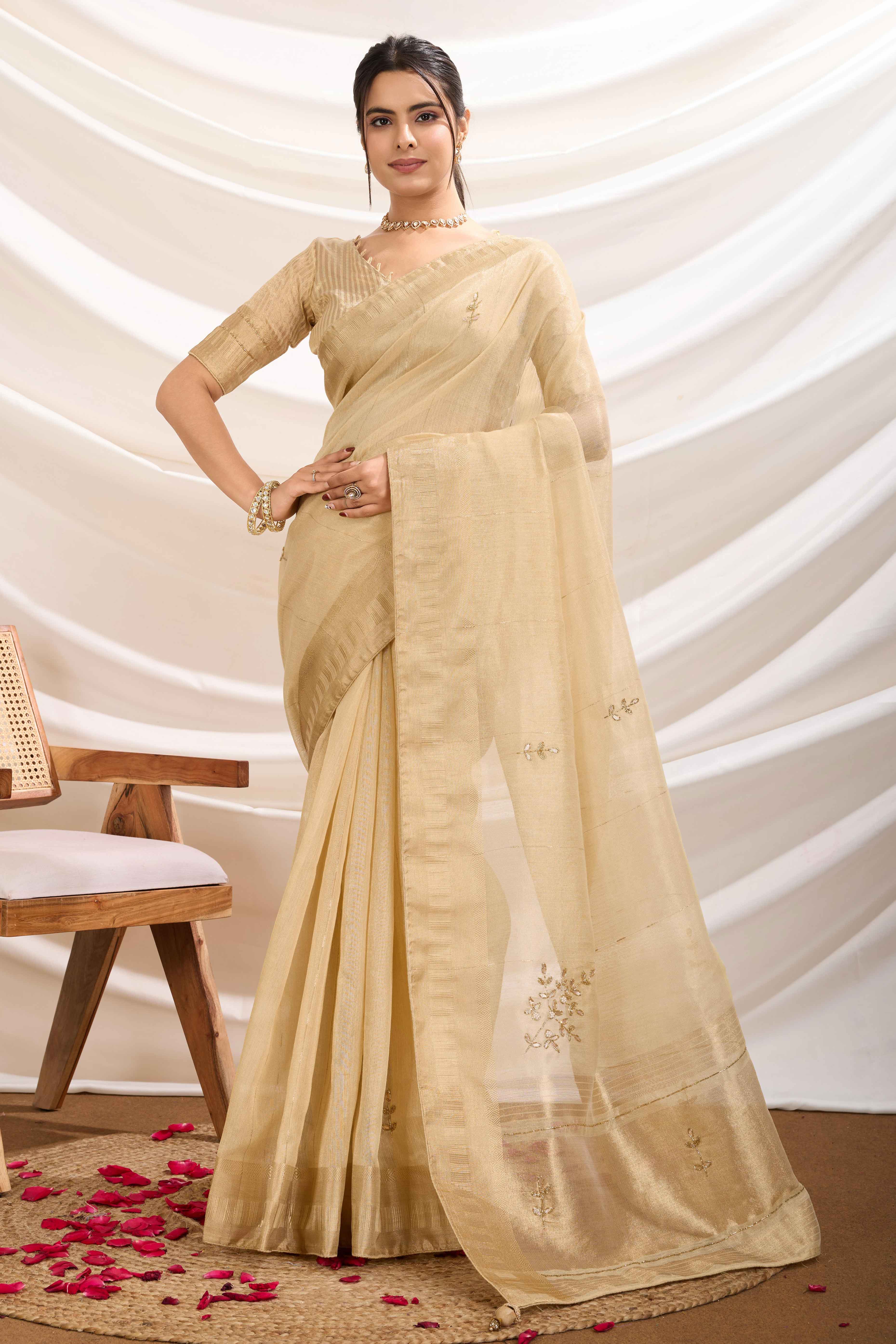Chikoo Linen Tissue Saree With Hand-Stitched Moti & Cutdana Work