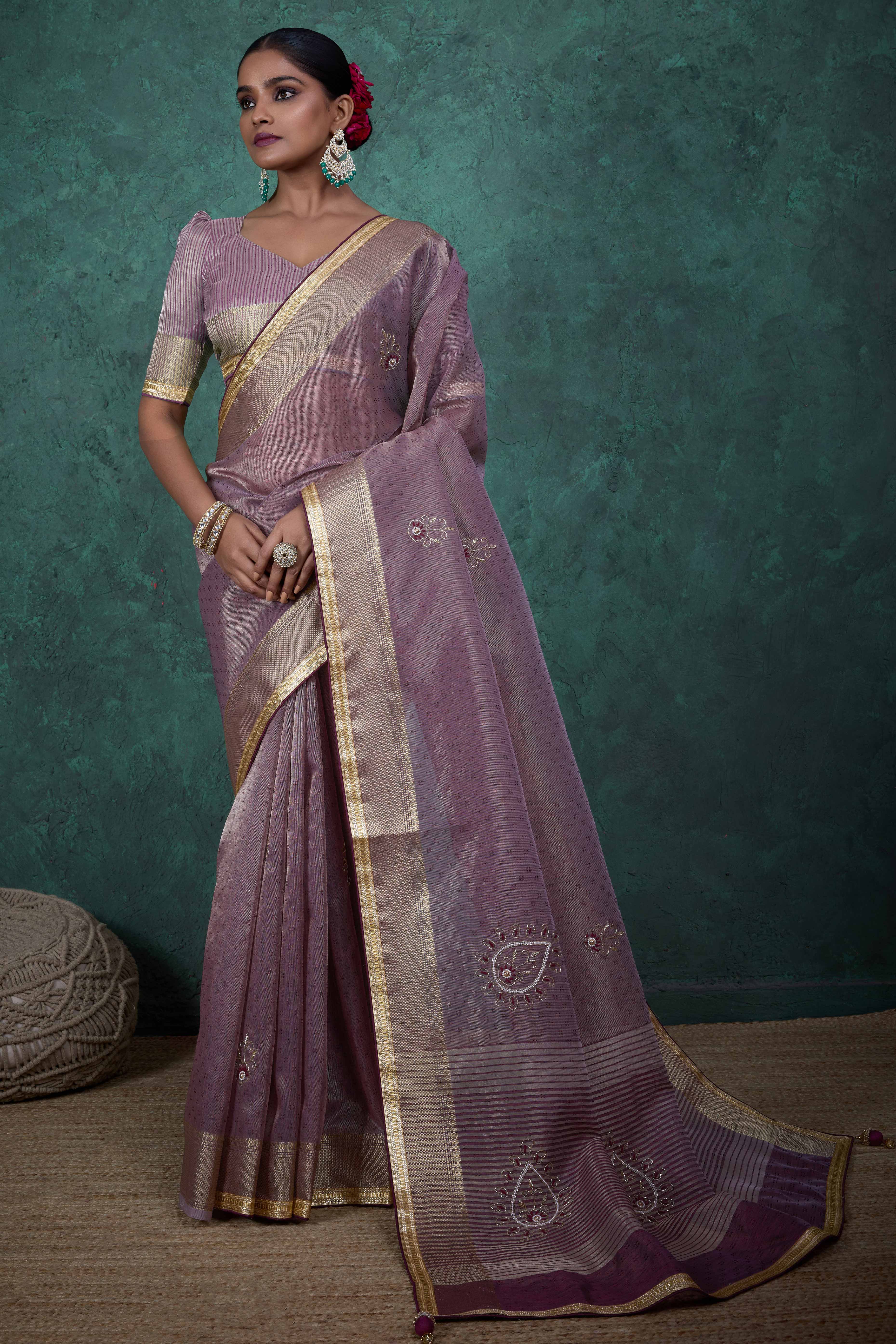 Purple Woven Linen Tissue Saree Featuring Beads Embellishment