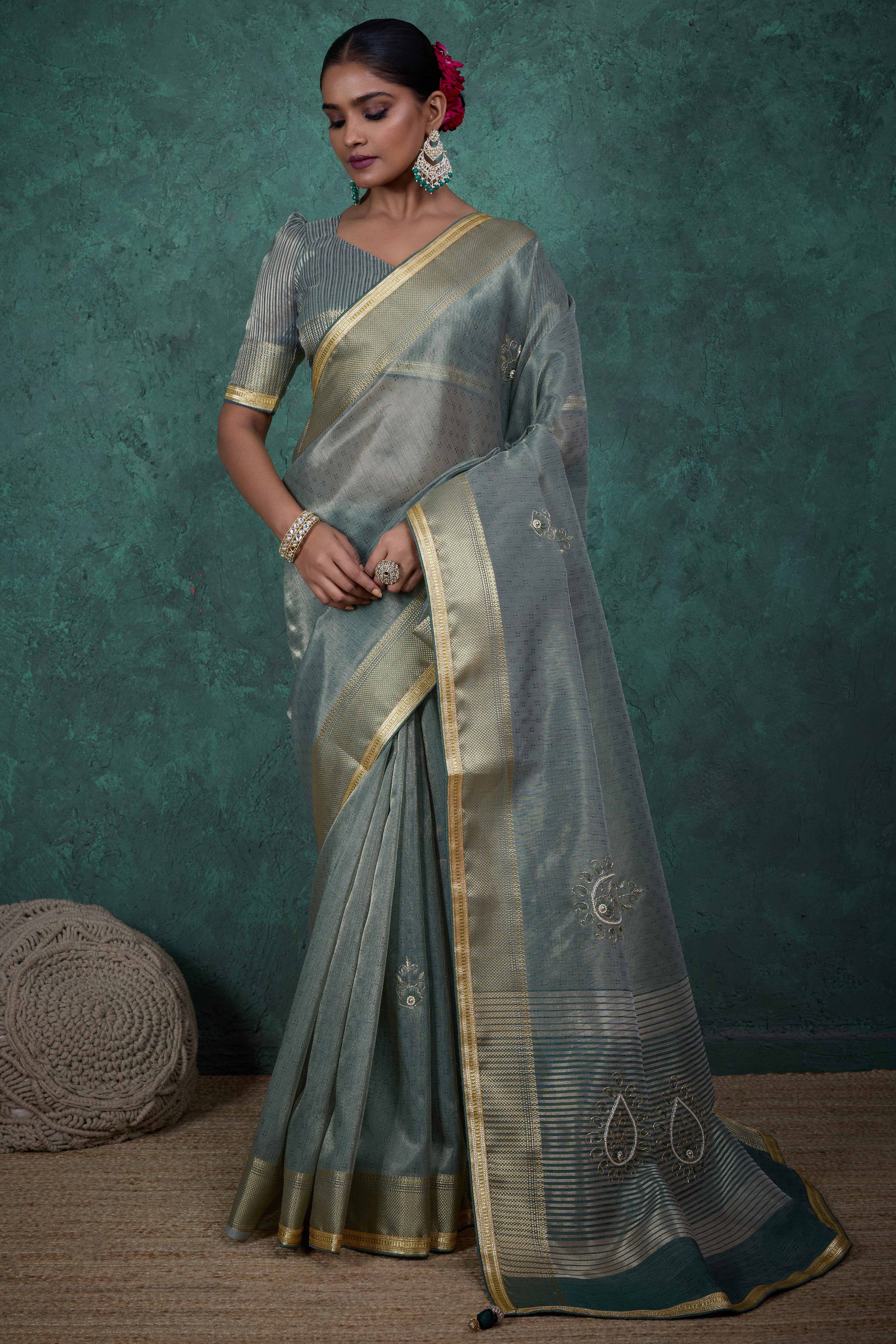 Greyish Green Woven Linen Tissue Saree Featuring Beads Embellishment