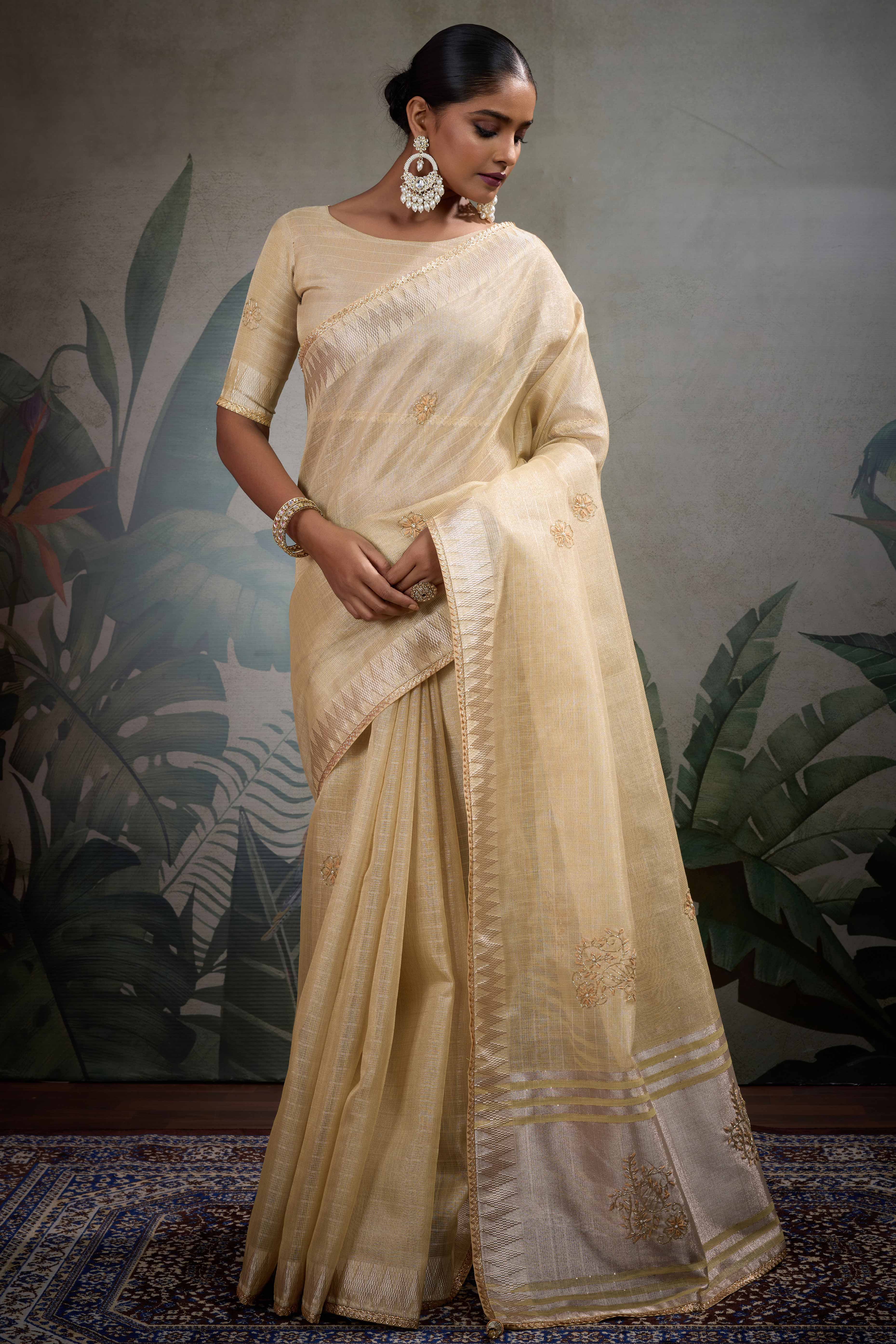Beige Linen Tissue Saree with Hand Beads Embellishment