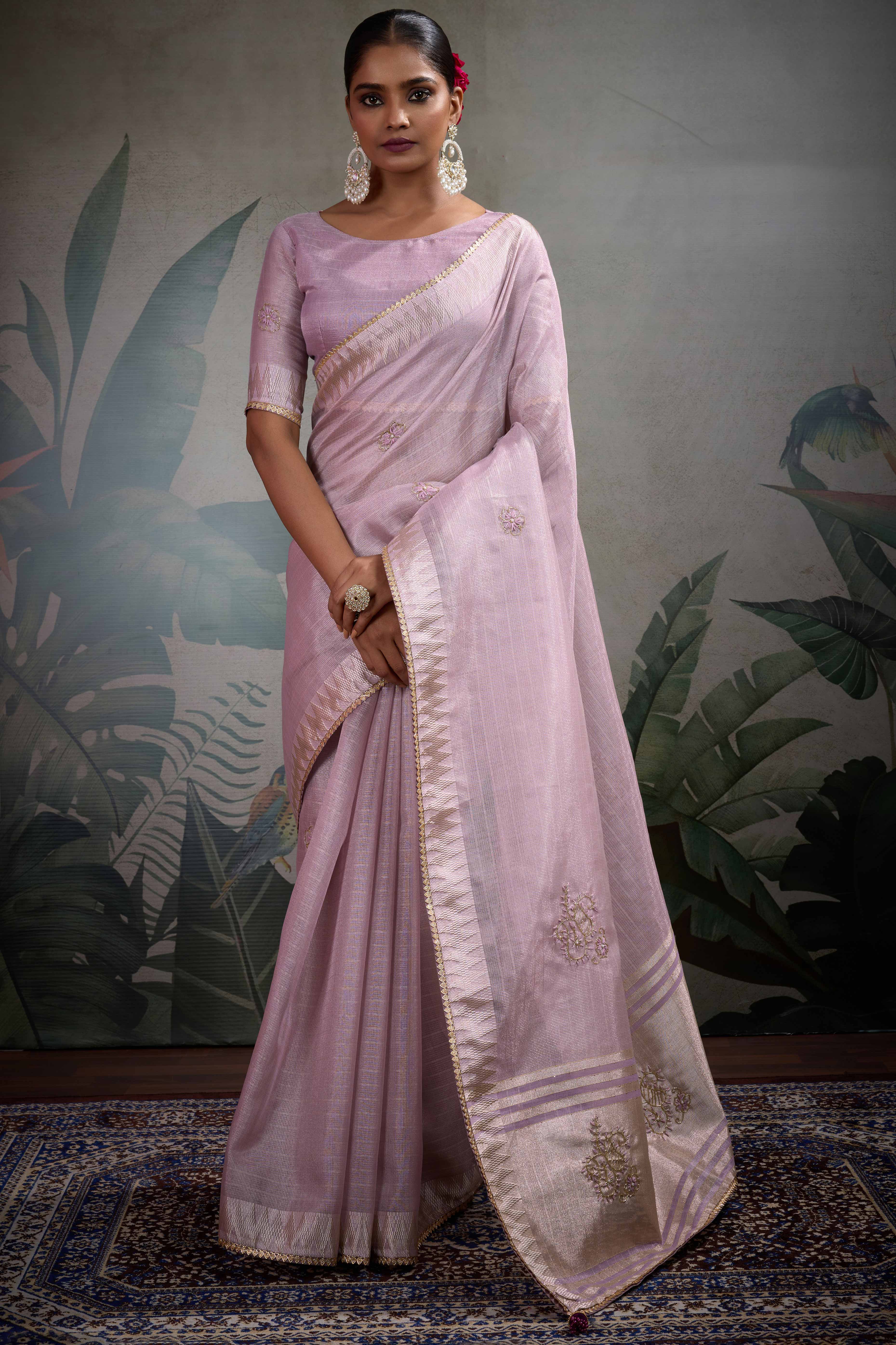 Mauve Linen Tissue Saree with Hand Beads Embellishment