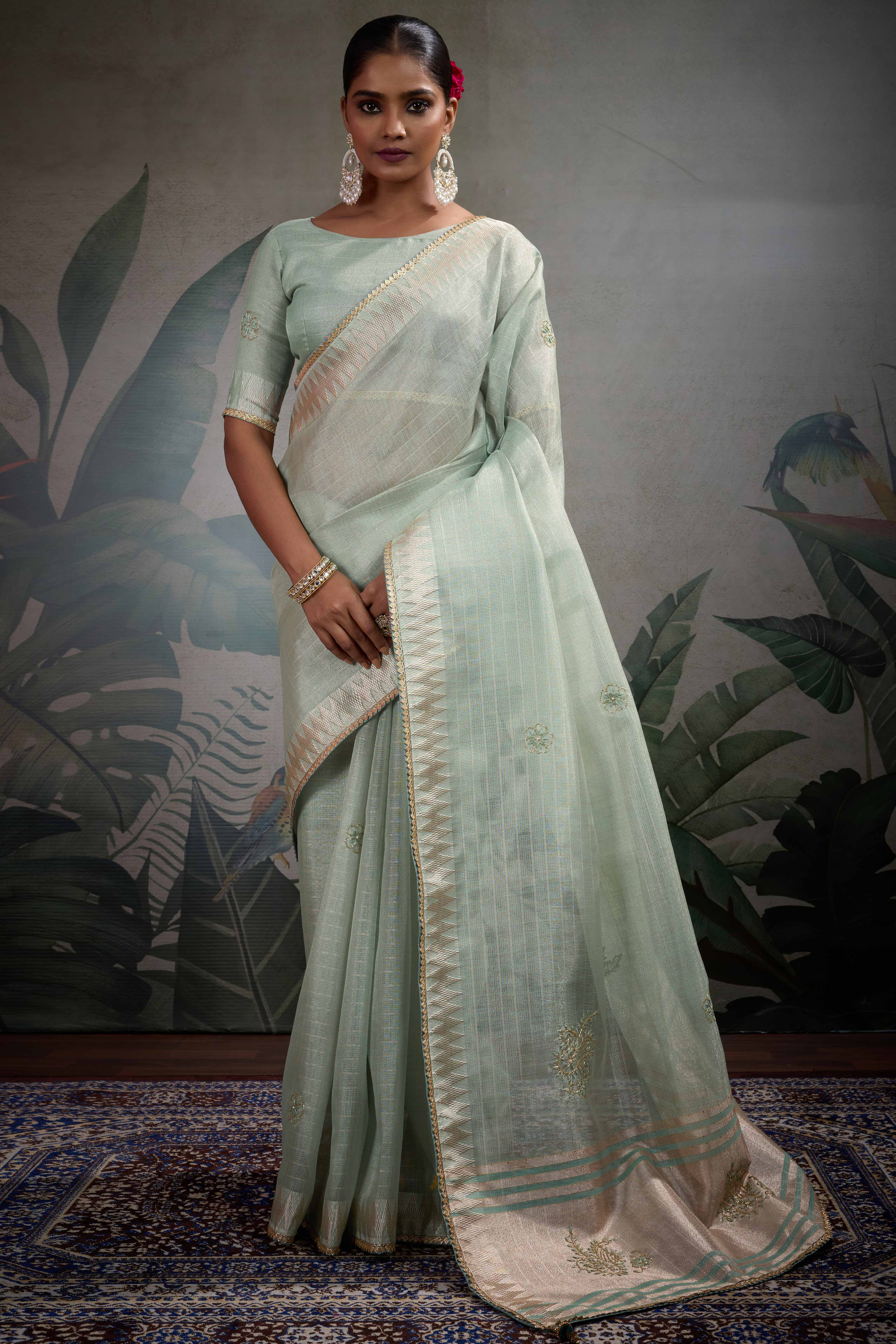 Mint Green Linen Tissue Saree with Hand Beads Embellishment