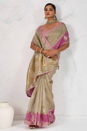 Beige Designer Tissue Linen Woven Saree with Luxe Zari and Beads Work