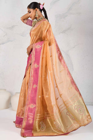 Orange Designer Tissue Linen Woven Saree with Luxe Zari and Beads Work