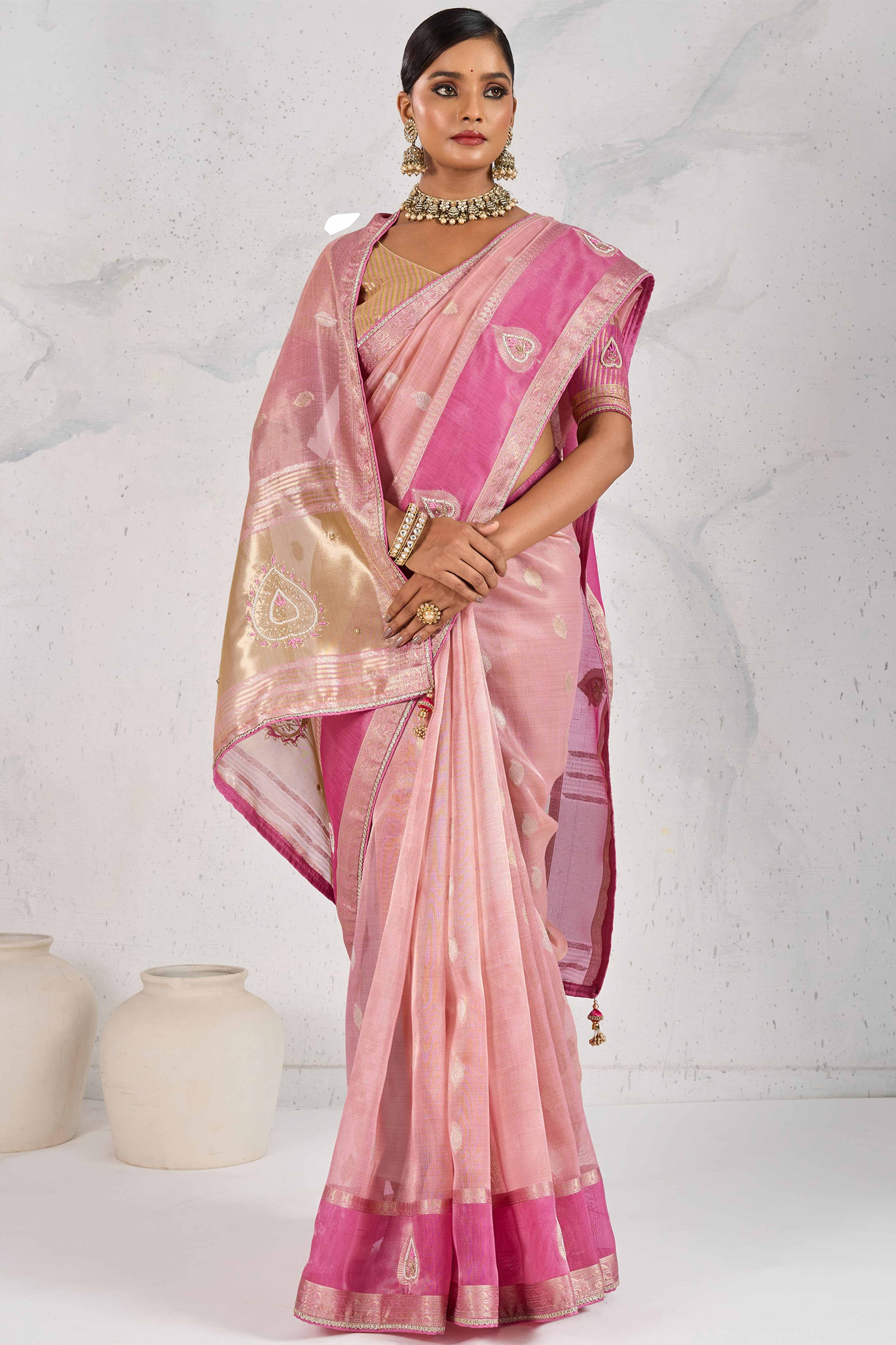 Pink Designer Tissue Linen Woven Saree with Luxe Zari and Beads Work