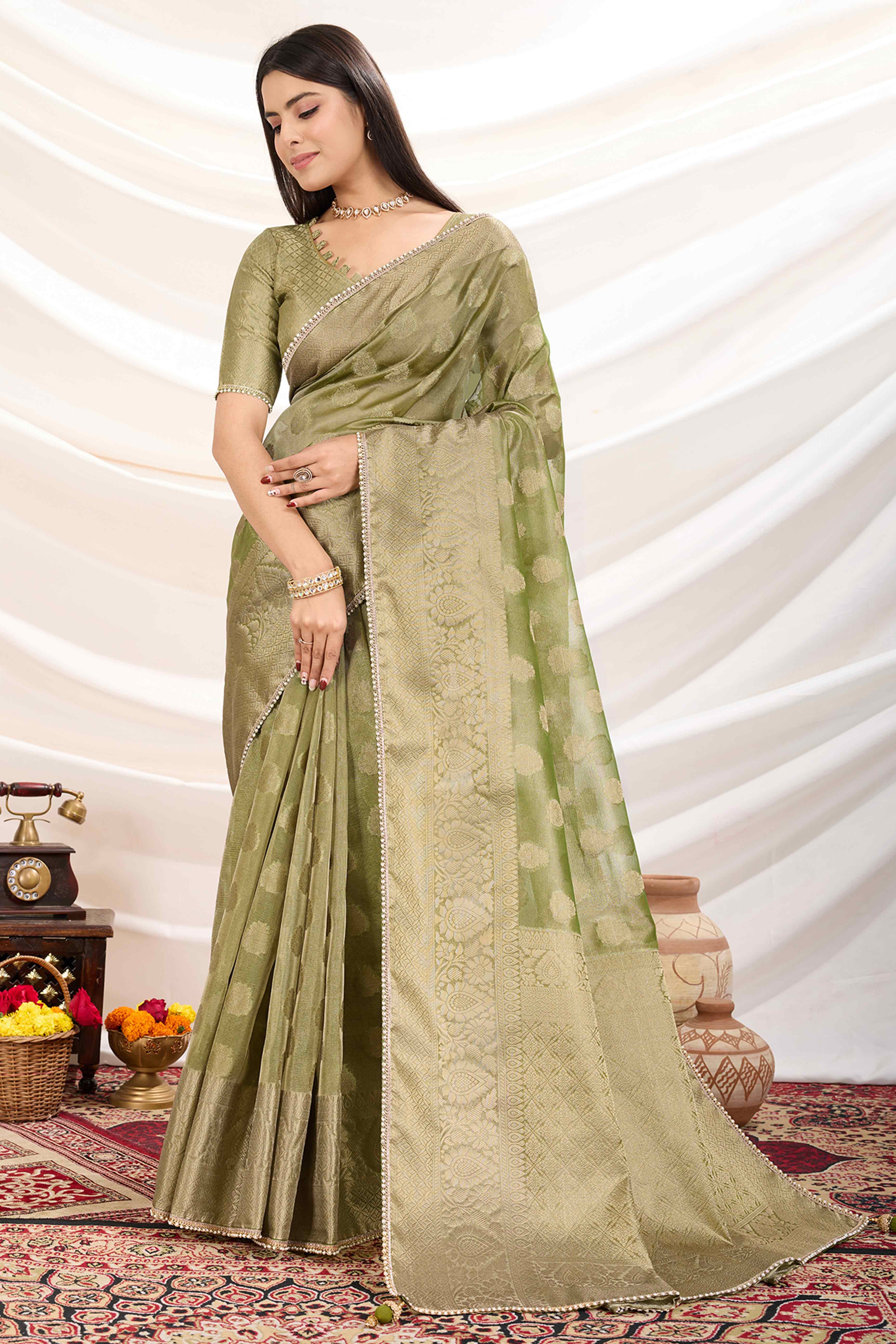 Green Floral Woven Tissue Silk Saree With Pearl Lace & Designer Tassels