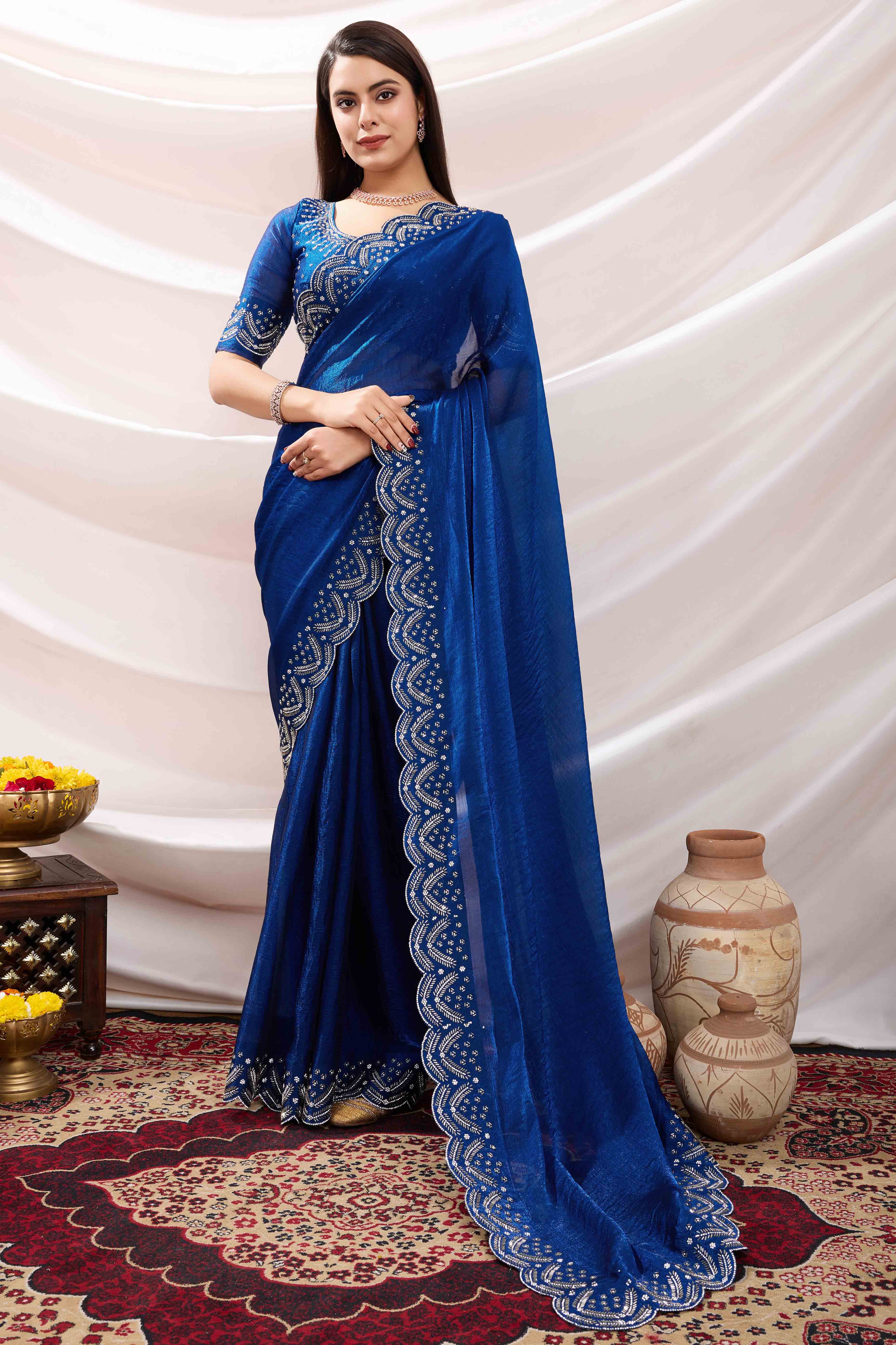 Blue Stone Work Embroidered Velvet Chiffon Saree