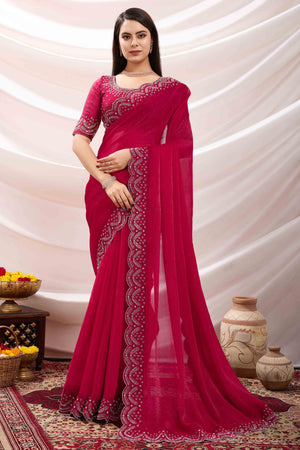Pink Stone Work Embroidered Velvet Chiffon Saree