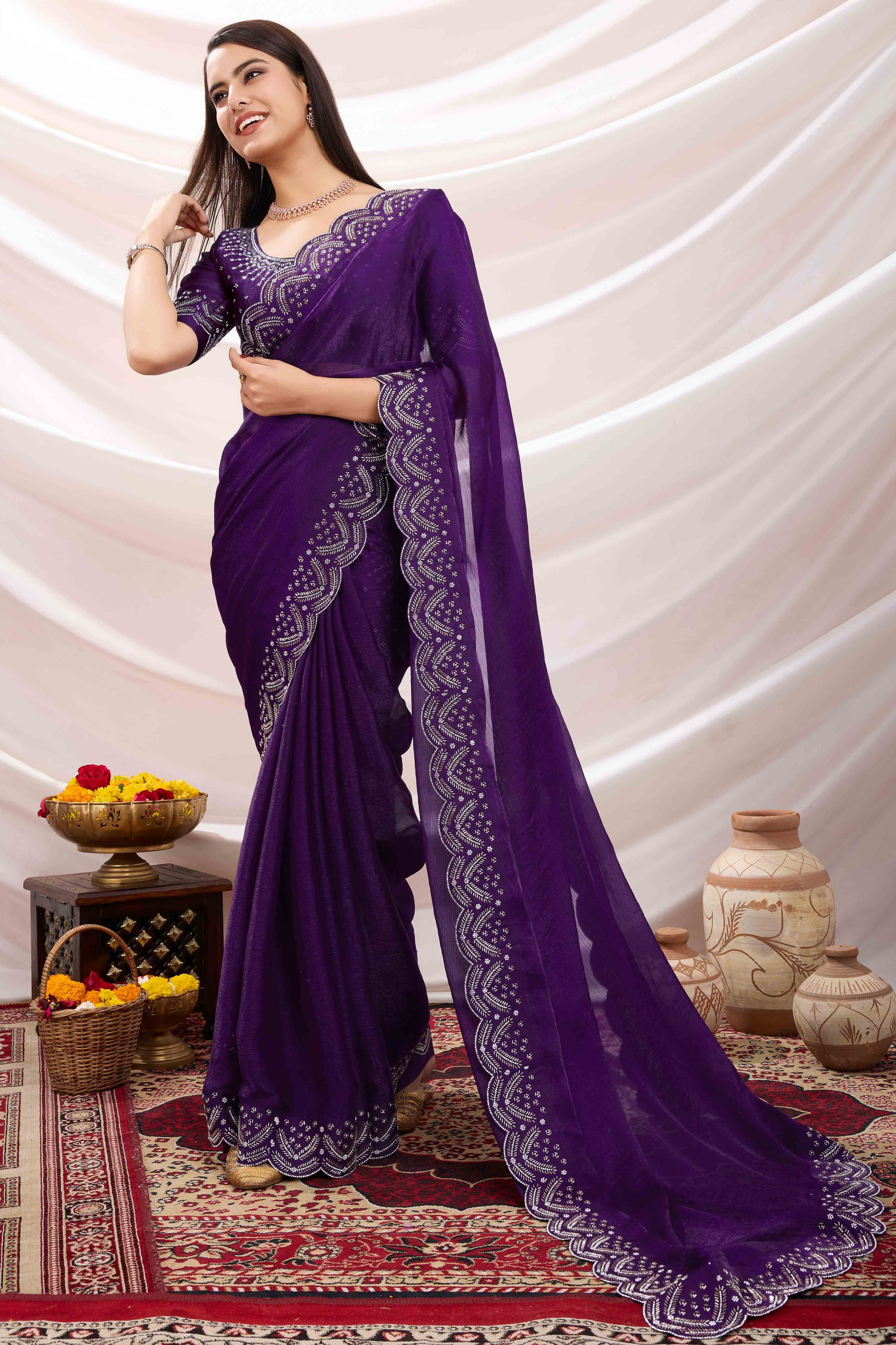 Purple Stone Work Embroidered Velvet Chiffon Saree