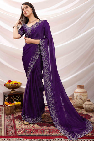 Purple Stone Work Embroidered Velvet Chiffon Saree