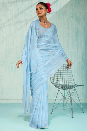 Sky Blue Embellished Viscose Saree Featuring Luxe Crystal Detailing