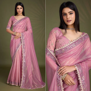 Onion Pink Sequins Embroidery With Mirror Handwork Twill Net Saree
