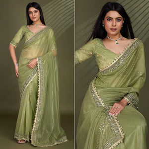 Green Sequins Embroidery With Mirror Handwork Twill Net Saree