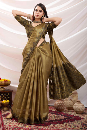 Mehendi Green Festive Linen Tissue Saree with Zari Borders