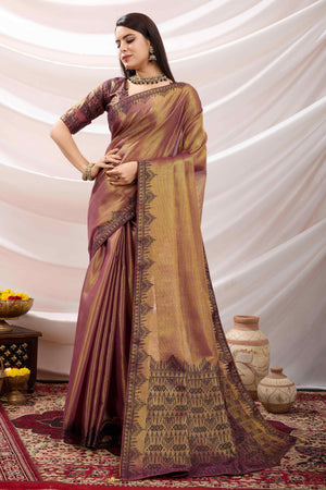 Brownish Maroon Festive Linen Tissue Saree with Zari Borders