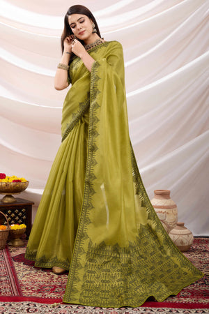 Green Festive Linen Tissue Saree with Zari Borders