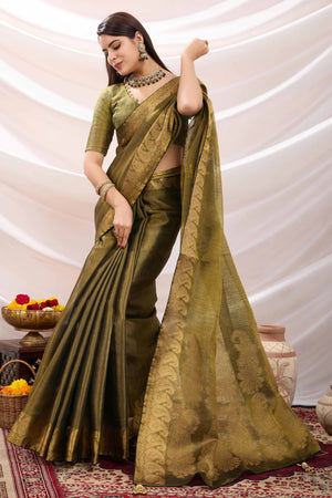 Green Festive Linen Tissue Saree with Zari Borders