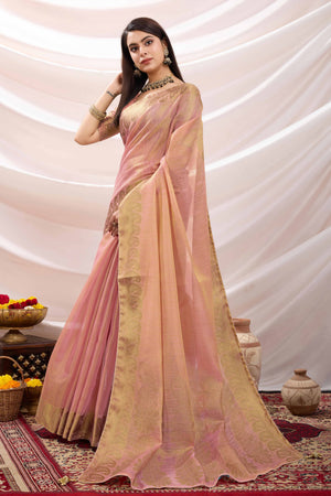Pink Festive Linen Tissue Saree with Zari Borders