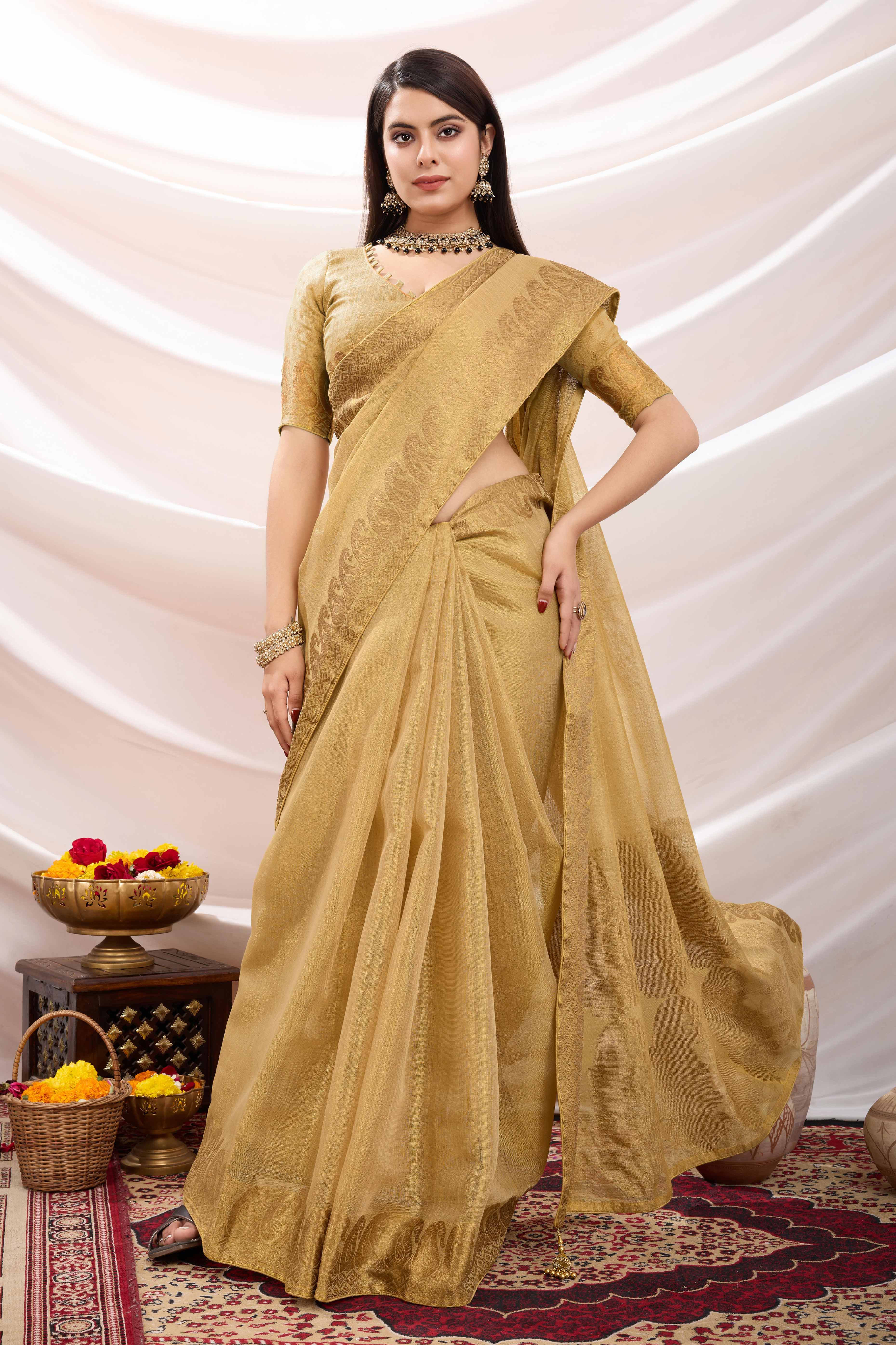 Beige Festive Linen Tissue Saree with Zari Borders