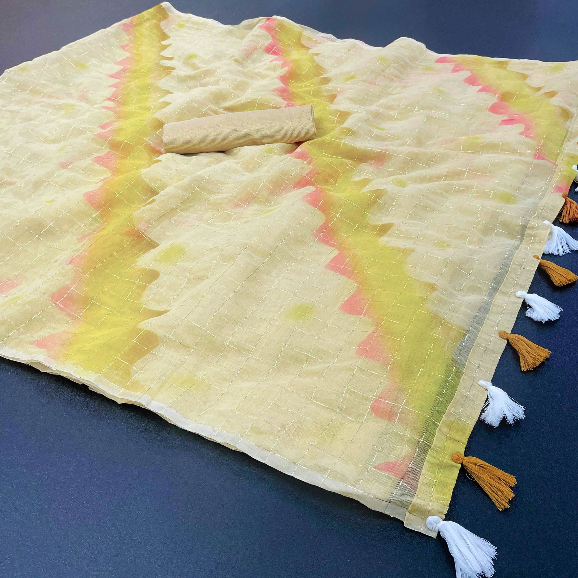 Yellow Hand Printed With Zari Woven Cotton Blend Saree