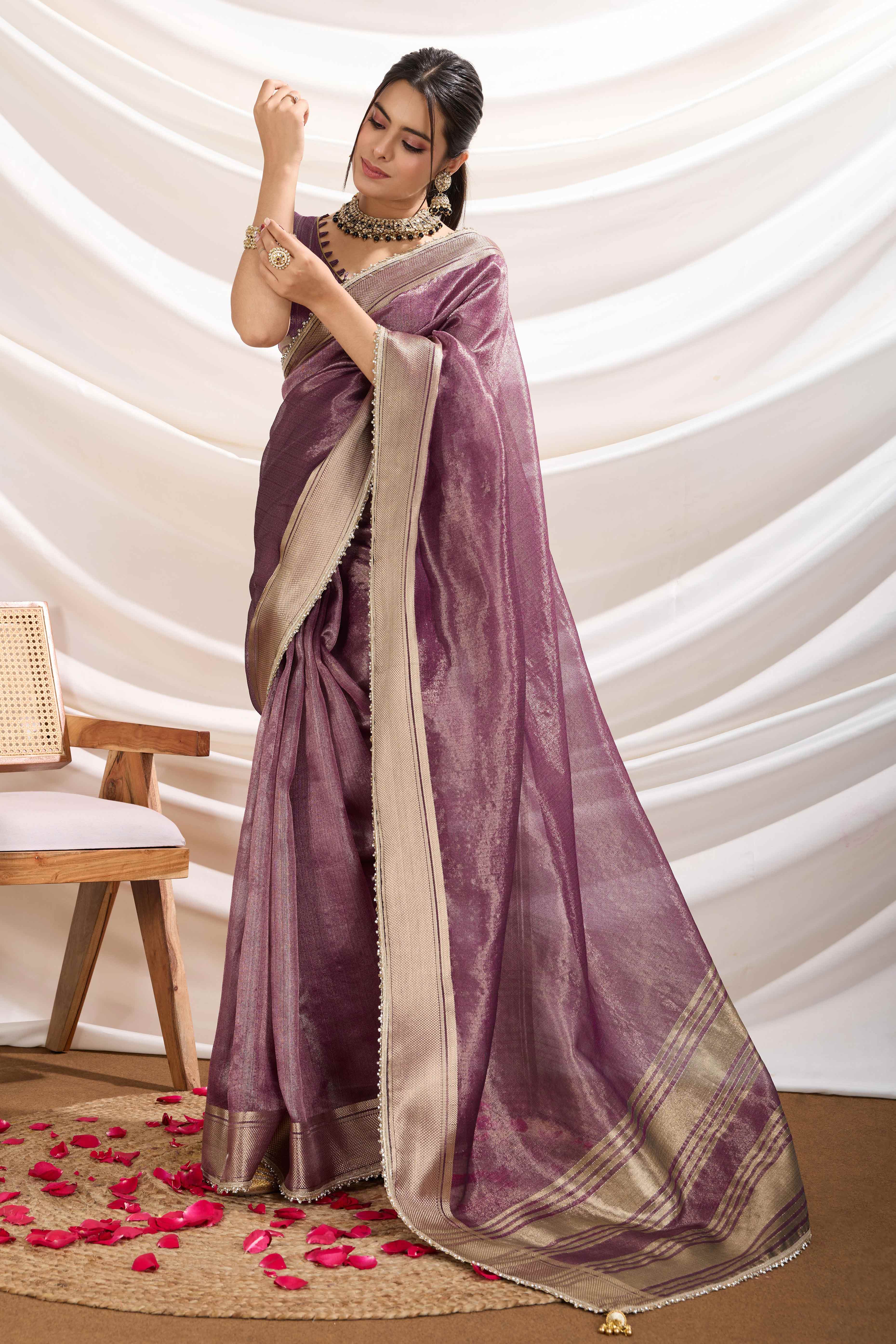 Purple Solid Linen Tissue Saree With Weaving & Zarkan Lace Border
