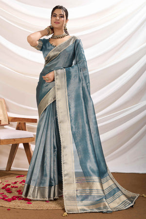 Blue Solid Linen Tissue Saree With Weaving & Zarkan Lace Border