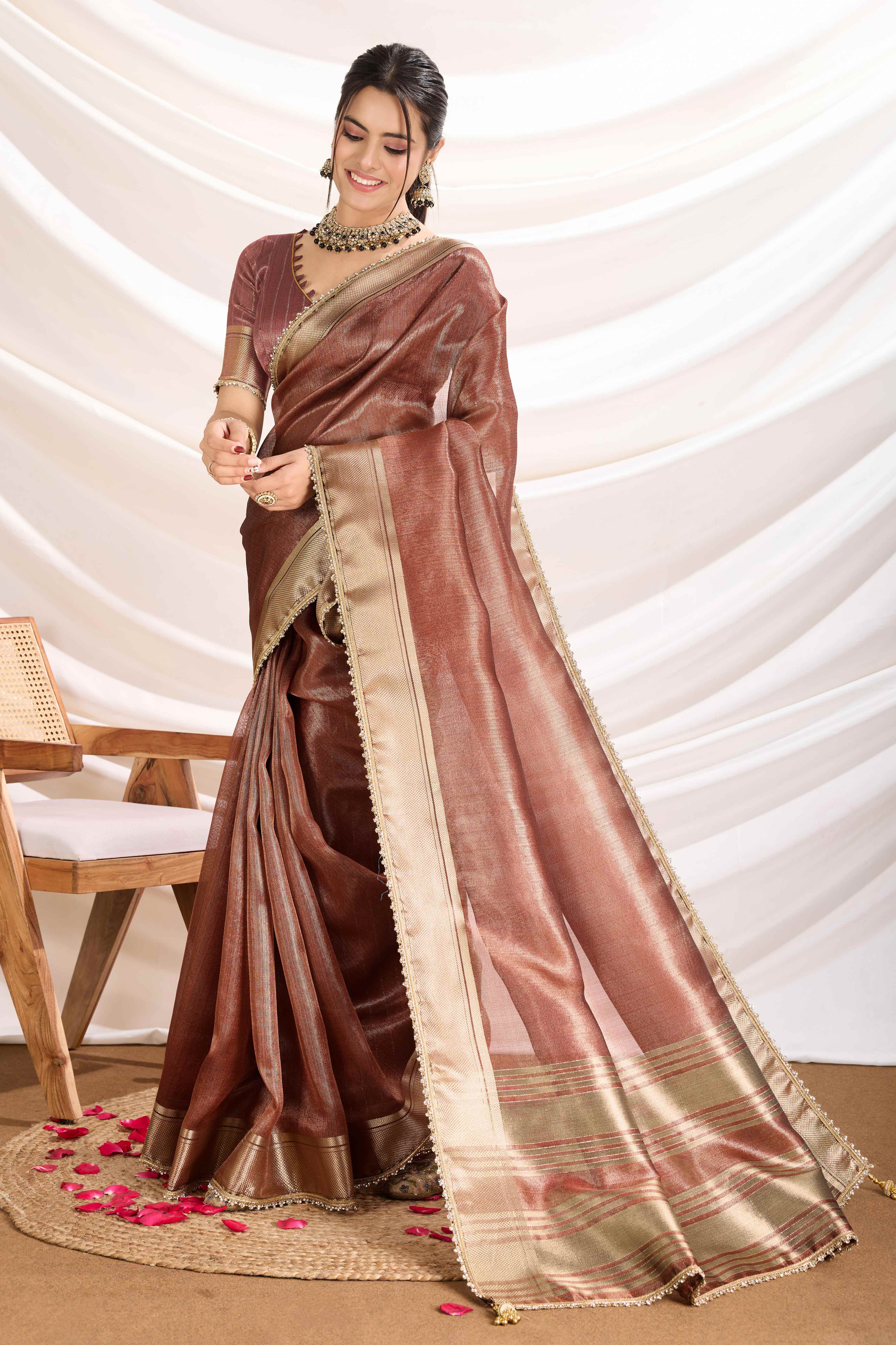 Brown Solid Linen Tissue Saree With Weaving & Zarkan Lace Border