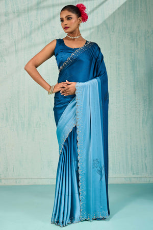 Morpich Blue Satin Ombre Saree Adorned With Rhinestone Crystal Handwork & Elegant Scalloped Border