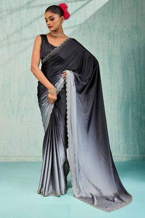Black & Grey Satin Ombre Saree Adorned With Rhinestone Crystal Handwork & Elegant Scalloped Border