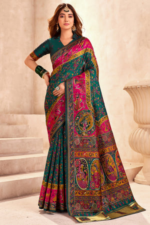 Traditional Green Rajwadi Weaving Pashmina Silk Saree With Kashmiri Pallu & Elegant Zari Border