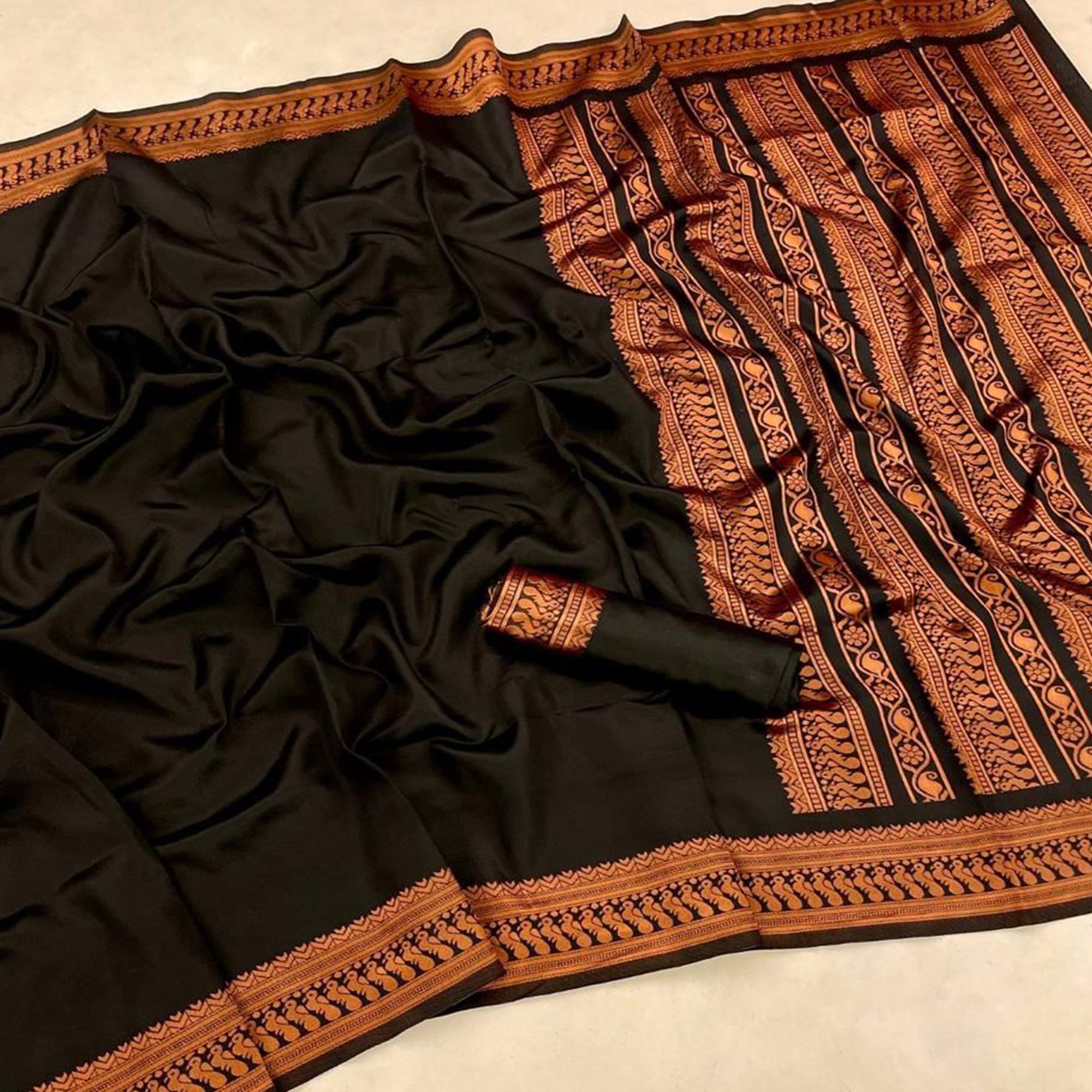 Black Banarasi Silk Saree with Zari Woven Border Design