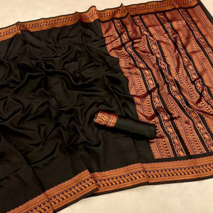 Black Banarasi Silk Saree with Zari Woven Border Design