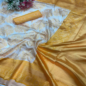 Charming White & Yellow Floral Zari Woven Lichi Banarasi Silk Saree
