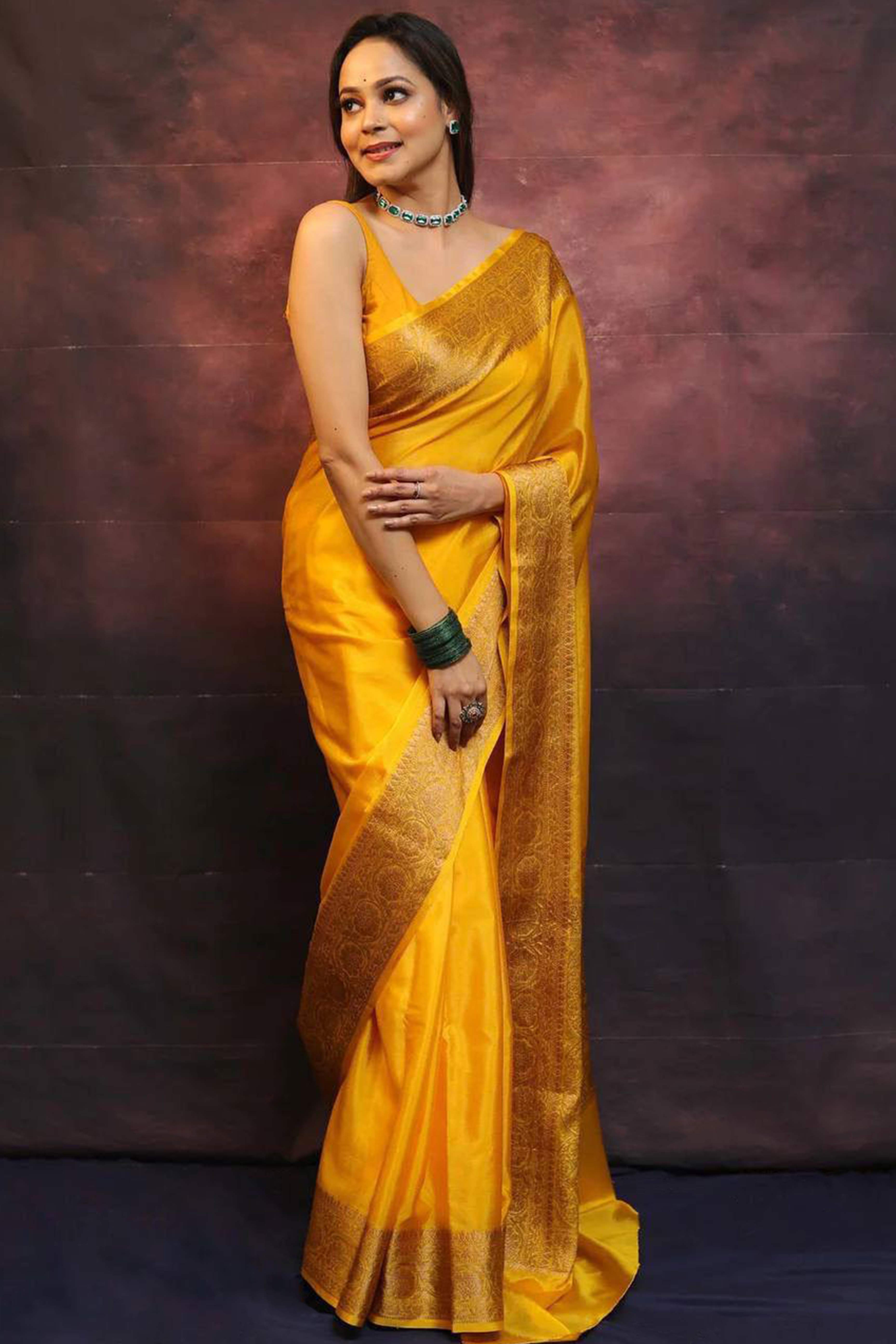 Mustard Floral Woven Lichi Banarasi Silk Saree