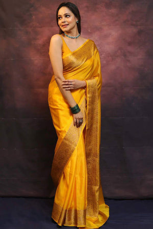 Mustard Floral Woven Lichi Banarasi Silk Saree