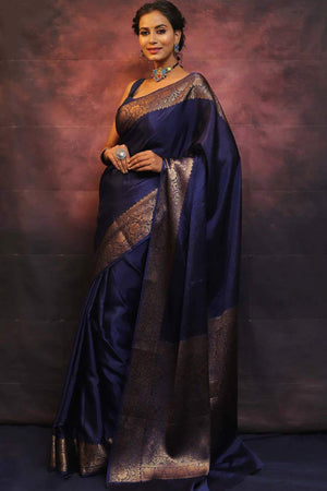 Navy Blue Floral Woven Lichi Banarasi Silk Saree