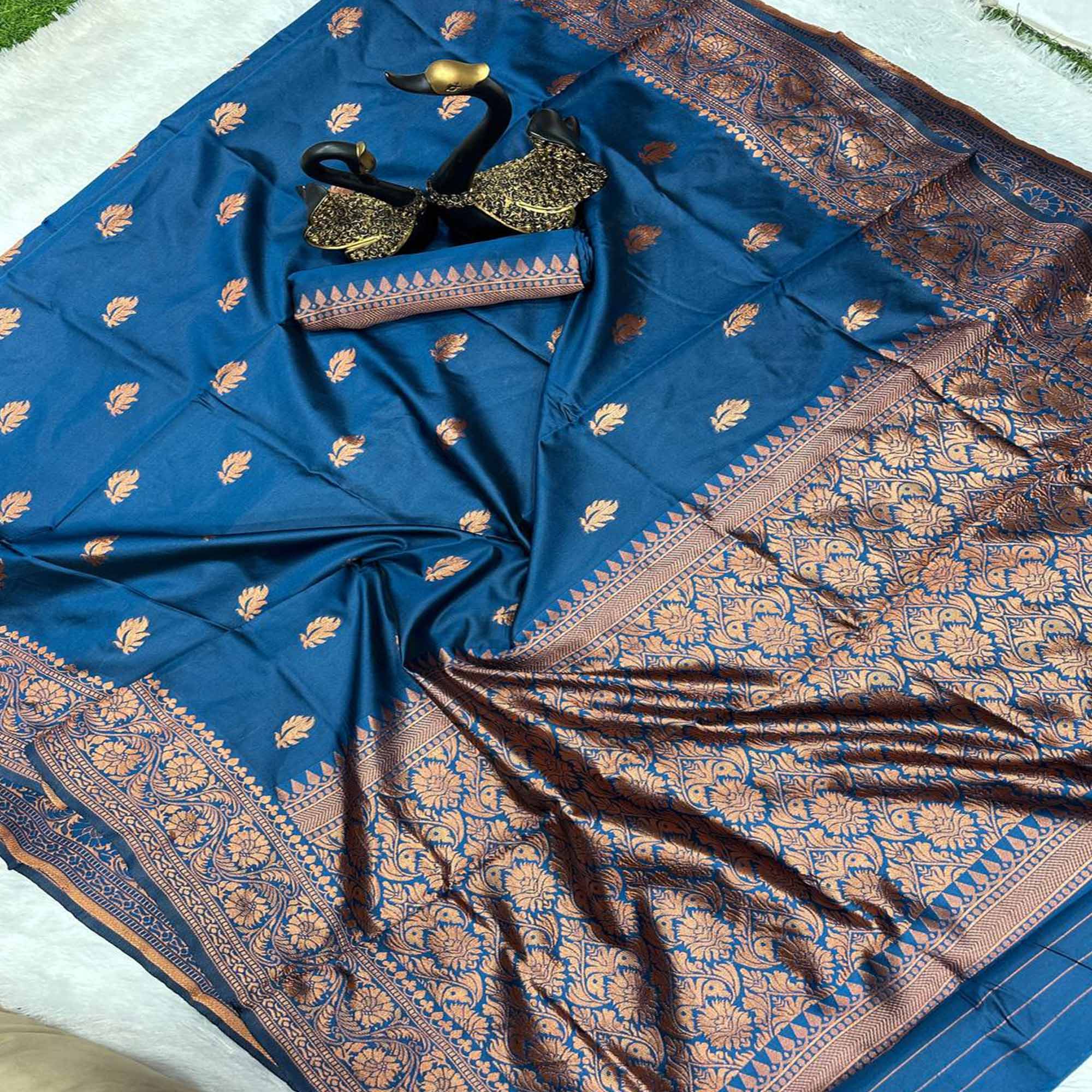 Blue Organic Banarasi Silk Saree with Floral Zari Elegance