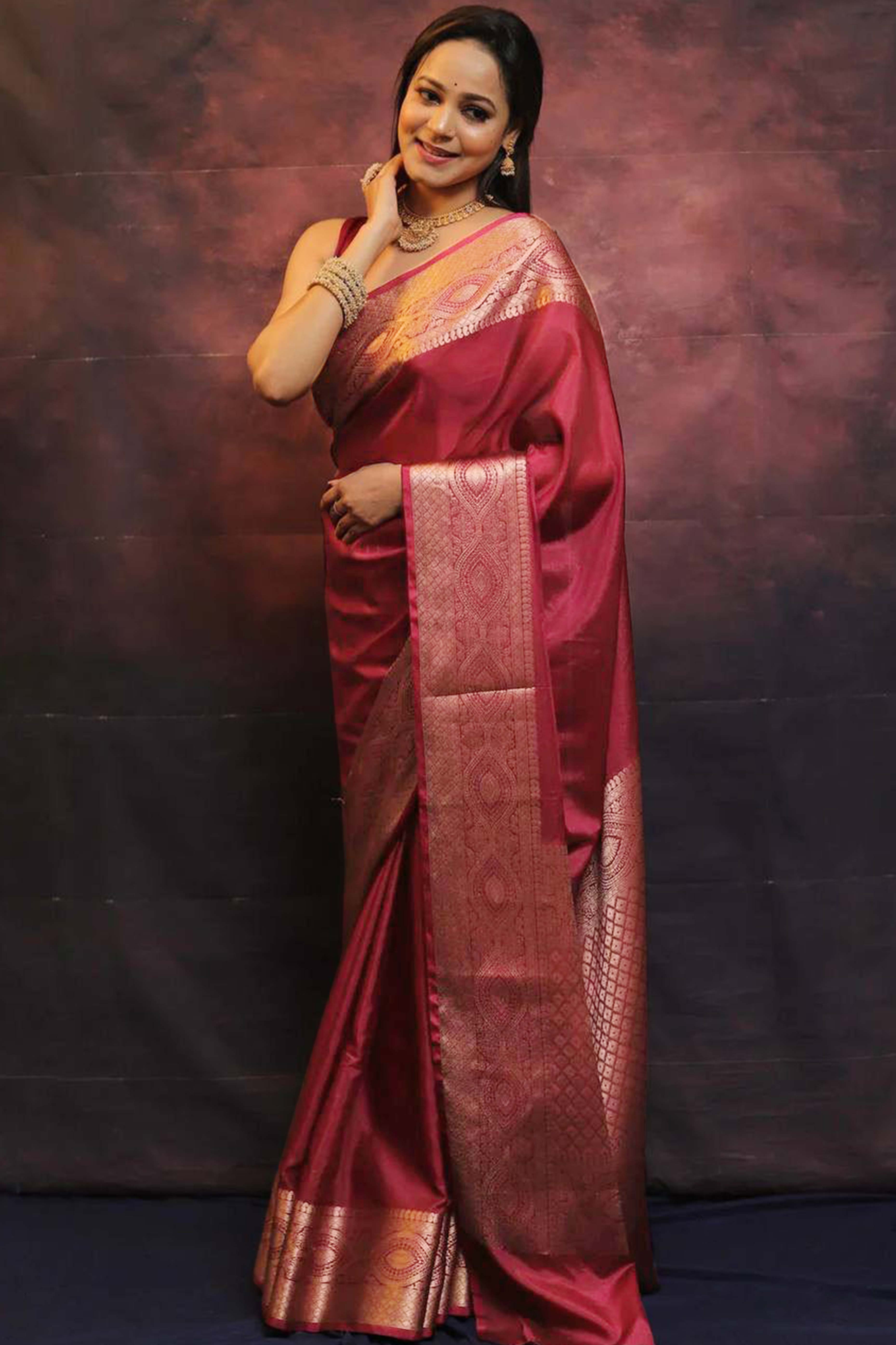 Regal Maroon Floral Zari Woven Lichi Banarasi Silk Saree