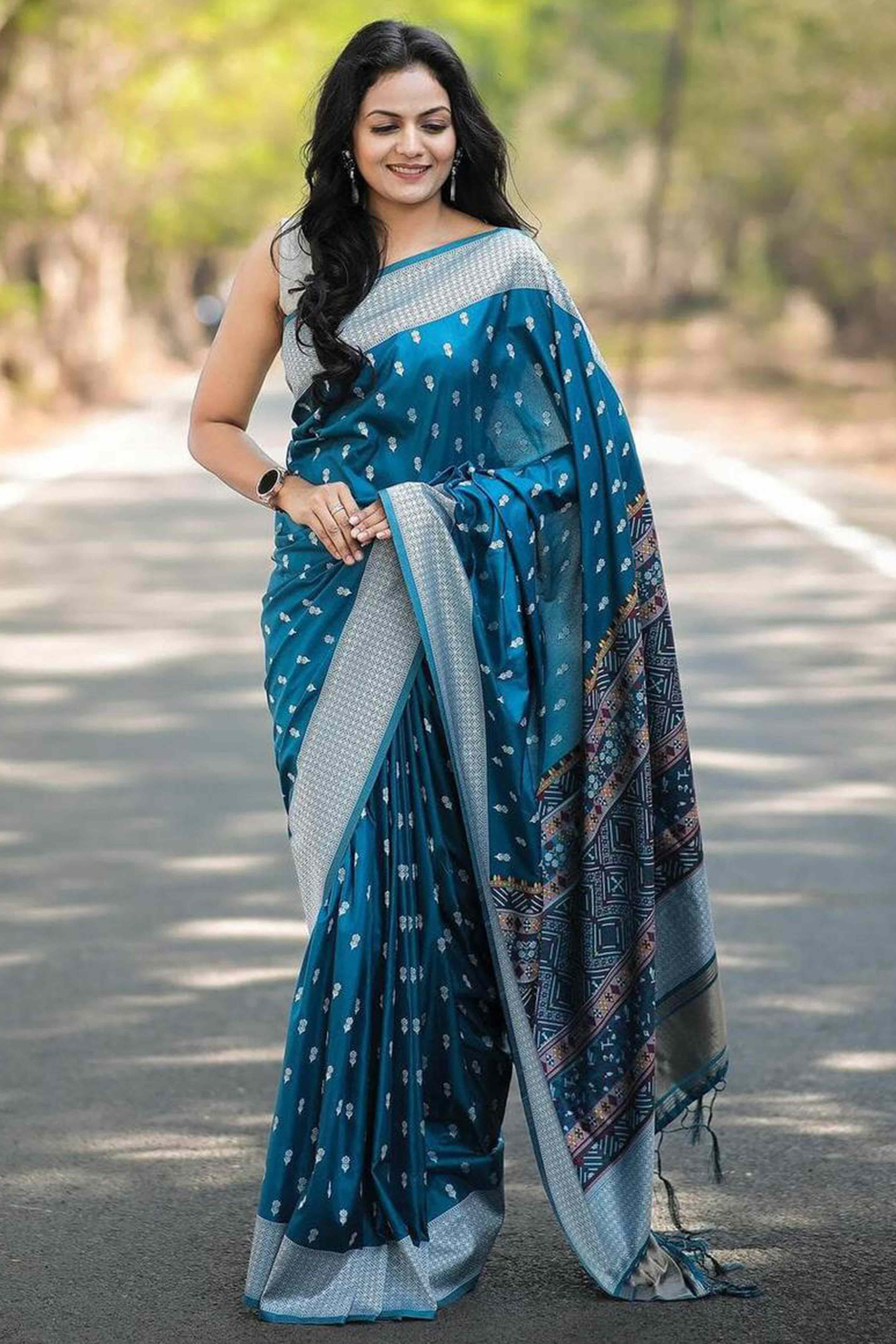 Blue Floral Woven Lichi Banarasi Silk Saree With Tassels