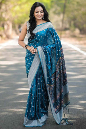 Blue Floral Woven Lichi Banarasi Silk Saree With Tassels