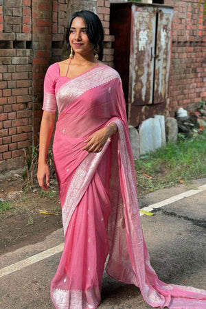 Pink Floral Woven Cotton Silk Saree